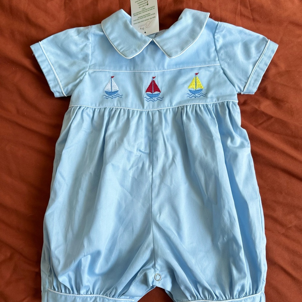 Light Blue Baby Romper with Sailboat Embroidery